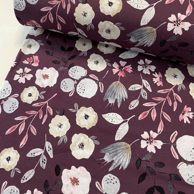Needle Fabrics - Flower up - Plum BRUSHED FRENCH TERRY