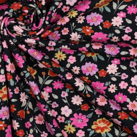 Verhees GOTS - Navy Colorful Flowers - Jersey (GOTS)