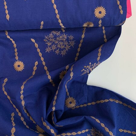 Kokka Japan - Echino Royal Blue Embroidery COTTON LINEN