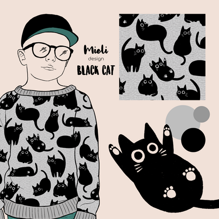 COUPON 30 CM Mieli Design - Black Cat FRENCH TERRY (organic)