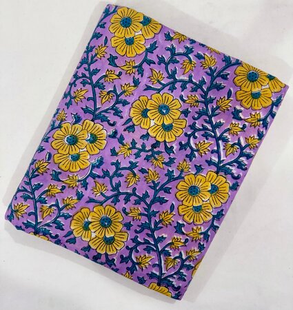 Yellow Daisies Purple - Indiase Blokprint Katoen