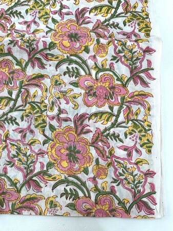 Yellow Pink Big Flowers - Indiase Blokprint Katoen