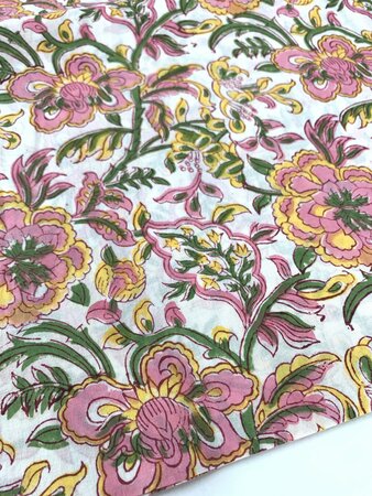 Yellow Pink Big Flowers - Indiase Blokprint Katoen