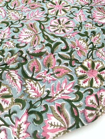 Mint Big Flower - Indiase Blokprint Katoen
