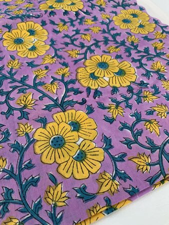Yellow Daisies Purple - Indiase Blokprint Katoen