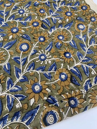 Ochre Blue Flower - Indiase Blokprint Katoen