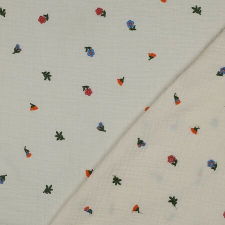 Verhees GOTS - Embroidery Flowers Natural Washed - Double Gauze