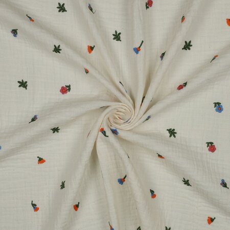 Verhees GOTS - Embroidery Flowers Natural Washed - Double Gauze