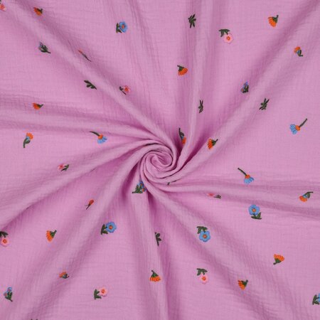 Verhees GOTS - Embroidery Flowers Light Pink - Double Gauze