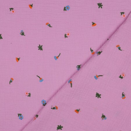 Verhees GOTS - Embroidery Flowers Light Pink - Double Gauze