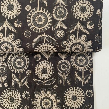 Black Stylized Flowers - Indiase Blokprint Katoen