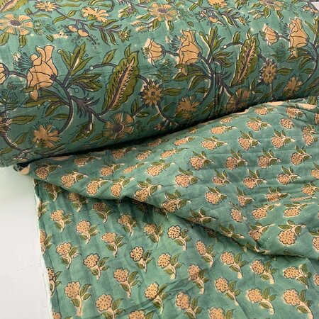 Ansje LIMITED - Green Yellow Dancing Flowers - Quilt Indian Cotton