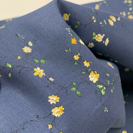 Kokka Japan - WildFlower Denim blue - KATOEN LINNEN SHEETING