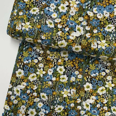 Kokka Japan - Marble Sud BLUE - Flower Bichon - KATOEN LINNEN