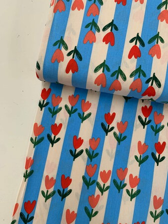 COUPON 80CM Tulips Blue/Ecru Stripes COTTON OEKO-TEX