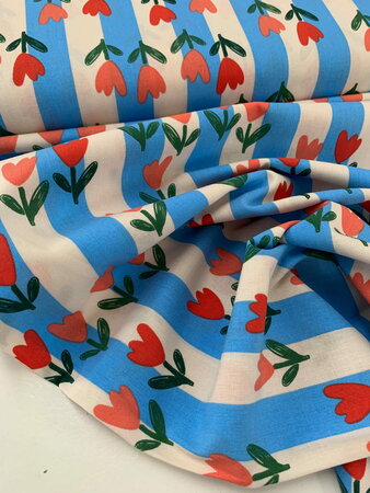 COUPON 80CM Tulips Blue/Ecru Stripes COTTON OEKO-TEX