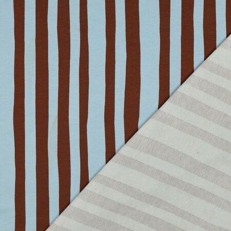 COUPON 150cm VERHEES X JENNIFER BOURON - Stripes Lichtblauw/Bruin - FRENCH TERRY (GOTS)