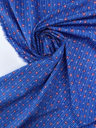 DEADSTOCK Blue Line & Roses Printed COTTON POPLIN