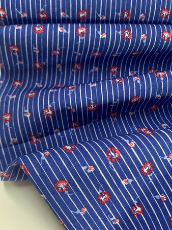 DEADSTOCK Blue Line & Roses Printed COTTON POPLIN