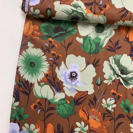 Sage On Chocolate Flowers - VISCOSE SATIJN