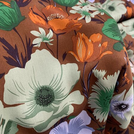 Sage On Chocolate Flowers - VISCOSE SATIJN