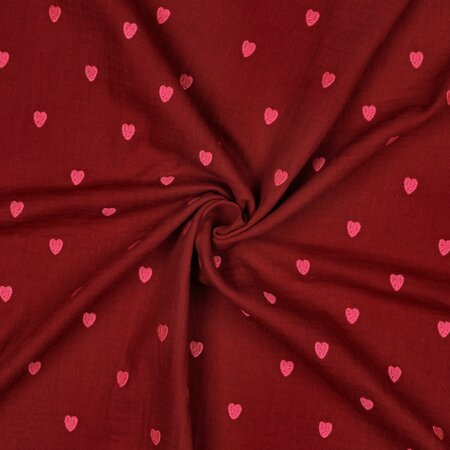 Verhees - Embroidery Hearts Aubergine - Double Gauze OEKO-TEX