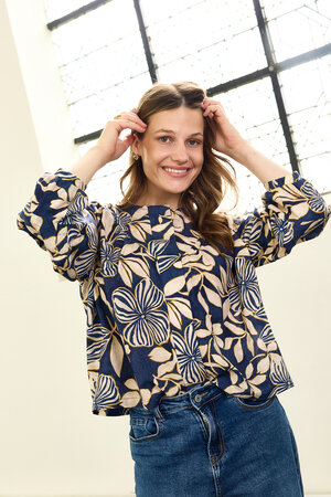 Atelier Jupe - Jeansblauw met beige bloemenprint VISCOSE